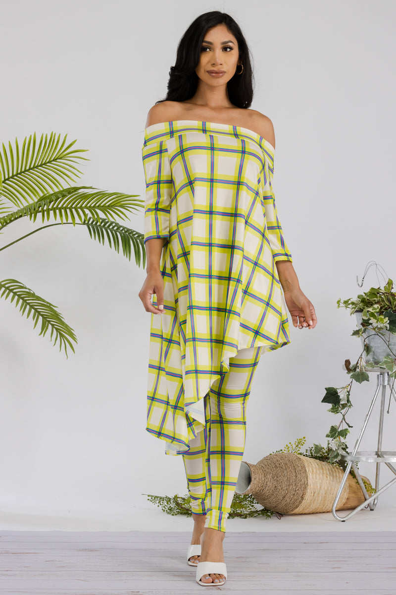 HH690R-PLAID - 2 PC OFF SHOULDER TOP AND LEGGING SET