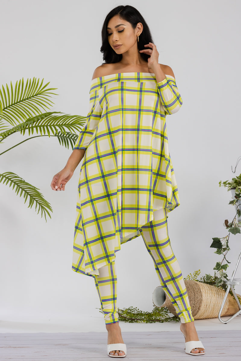 HH690R-PLAID - 2 PC OFF SHOULDER TOP AND LEGGING SET