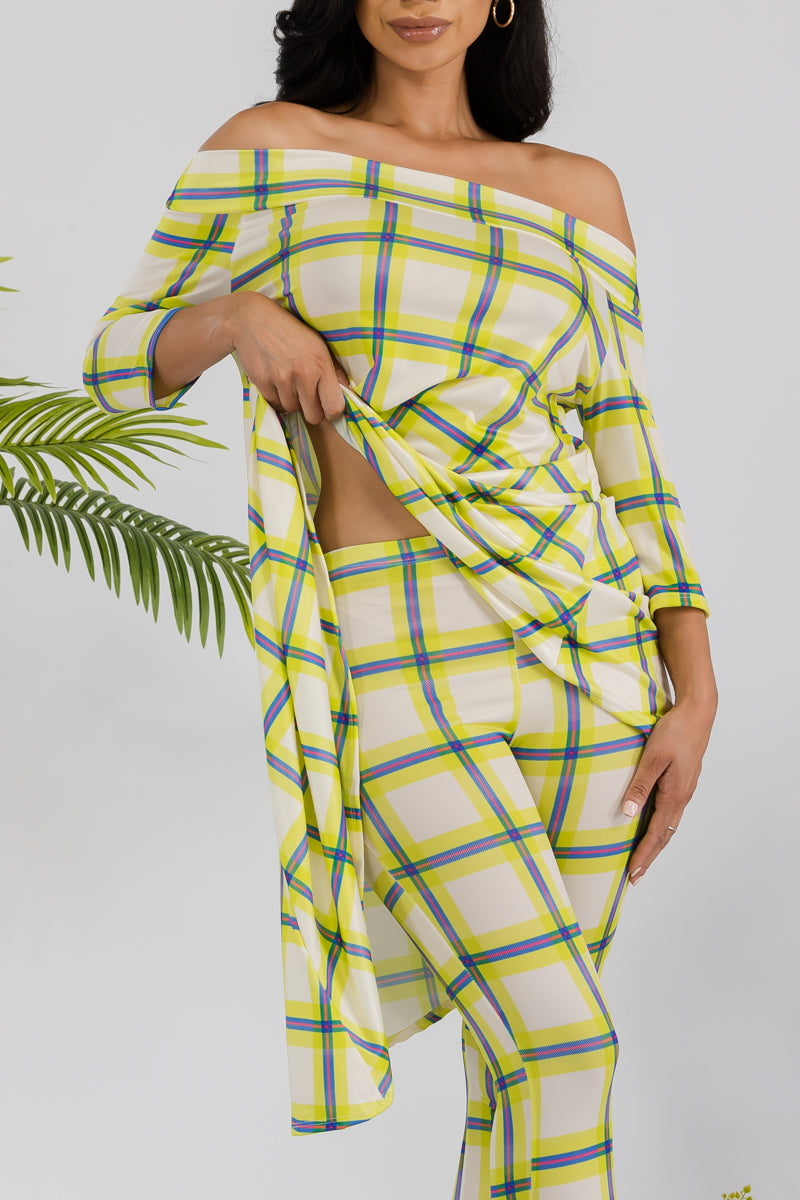 HH690R-PLAID - 2 PC OFF SHOULDER TOP AND LEGGING SET