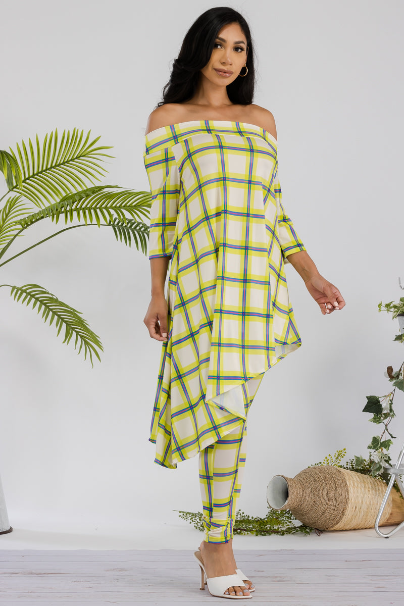 HH690R-PLAID - 2 PC OFF SHOULDER TOP AND LEGGING SET