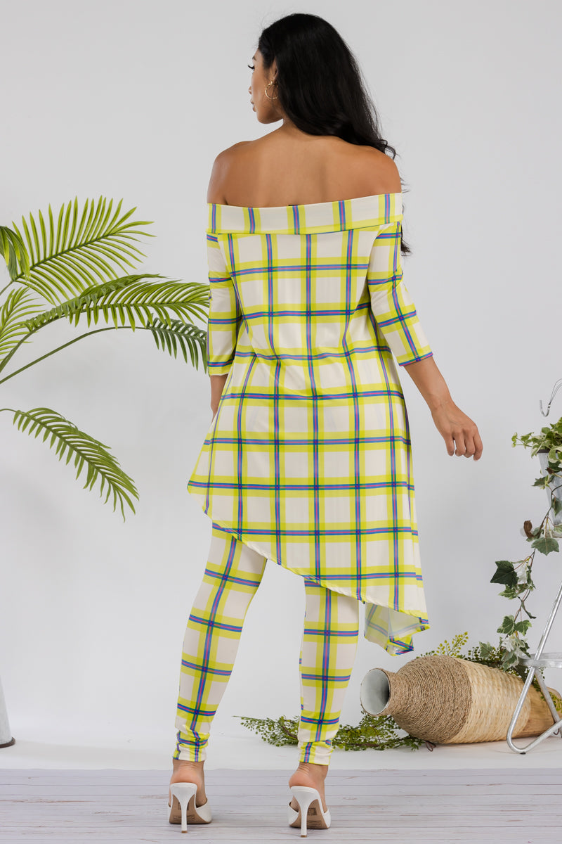 HH690R-PLAID - 2 PC OFF SHOULDER TOP AND LEGGING SET