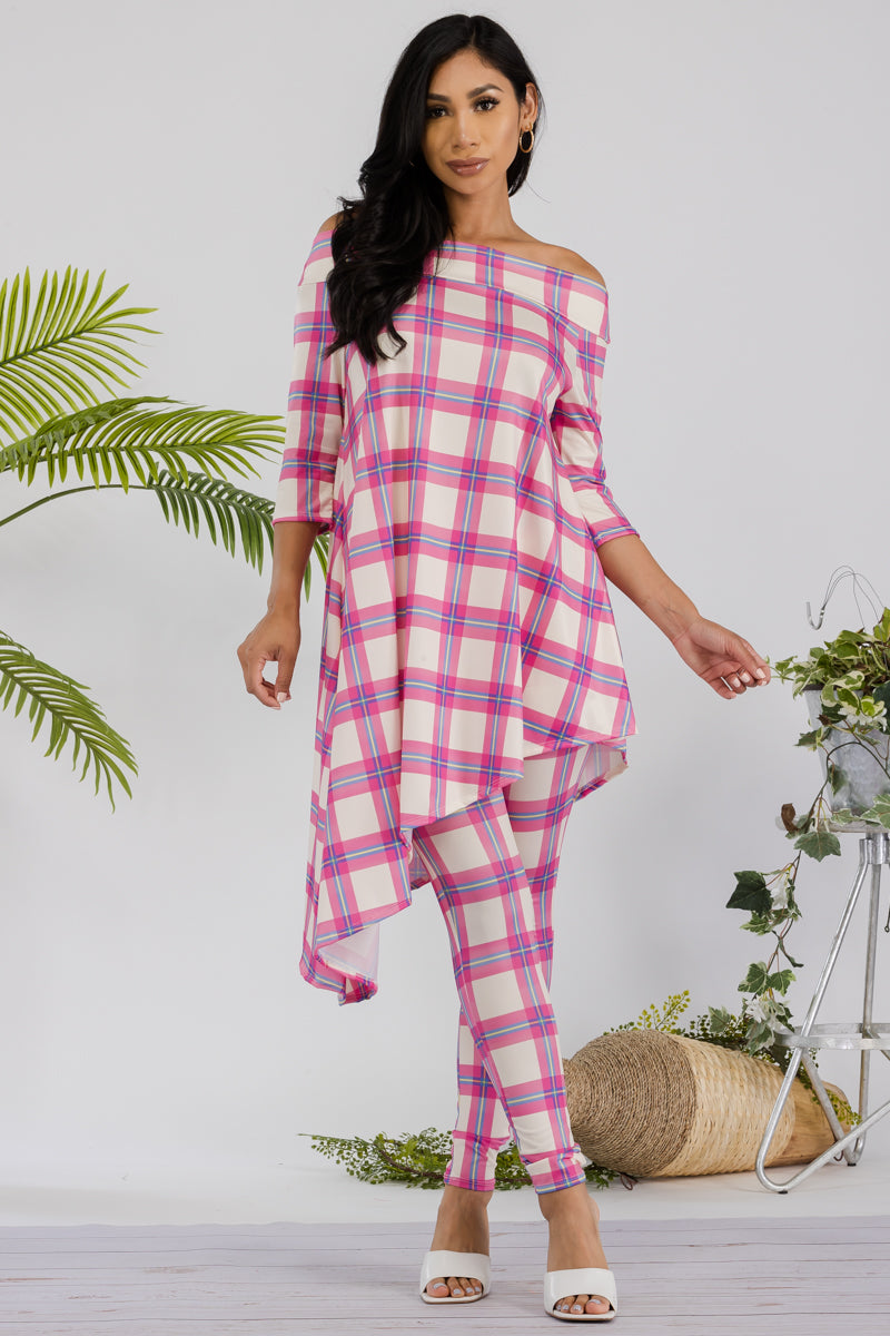 HH690R-PLAID - 2 PC OFF SHOULDER TOP AND LEGGING SET