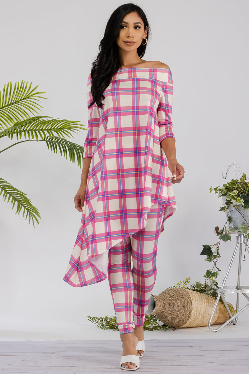 HH690R-PLAID - 2 PC OFF SHOULDER TOP AND LEGGING SET