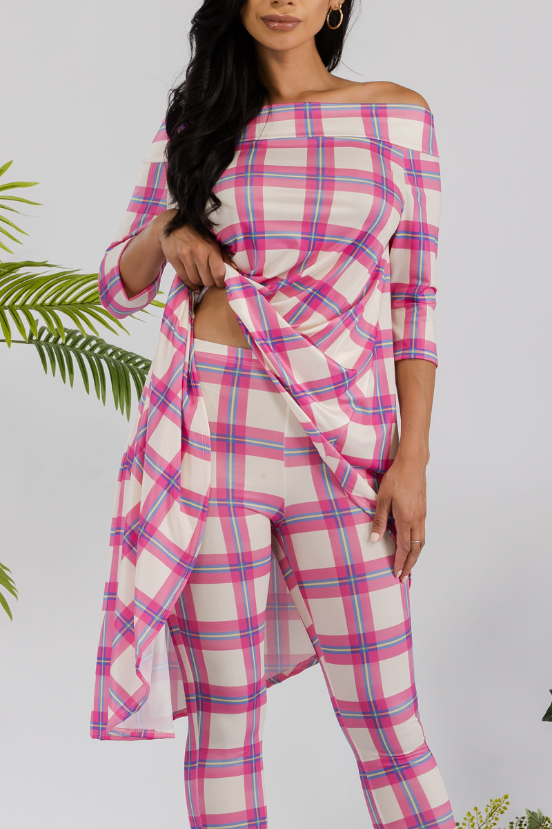 HH690R-PLAID - 2 PC OFF SHOULDER TOP AND LEGGING SET