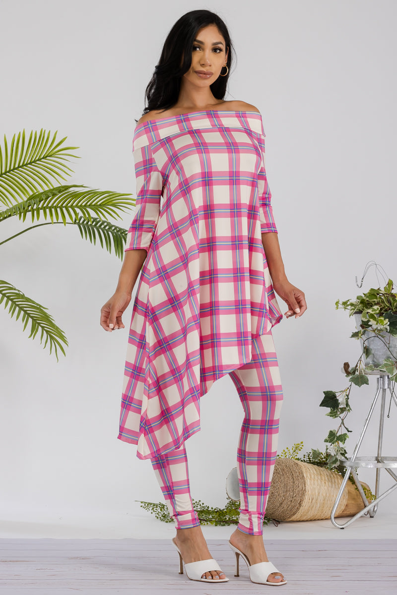 HH690R-PLAID - 2 PC OFF SHOULDER TOP AND LEGGING SET