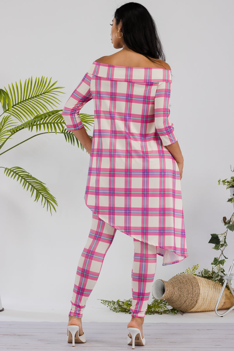 HH690R-PLAID - 2 PC OFF SHOULDER TOP AND LEGGING SET
