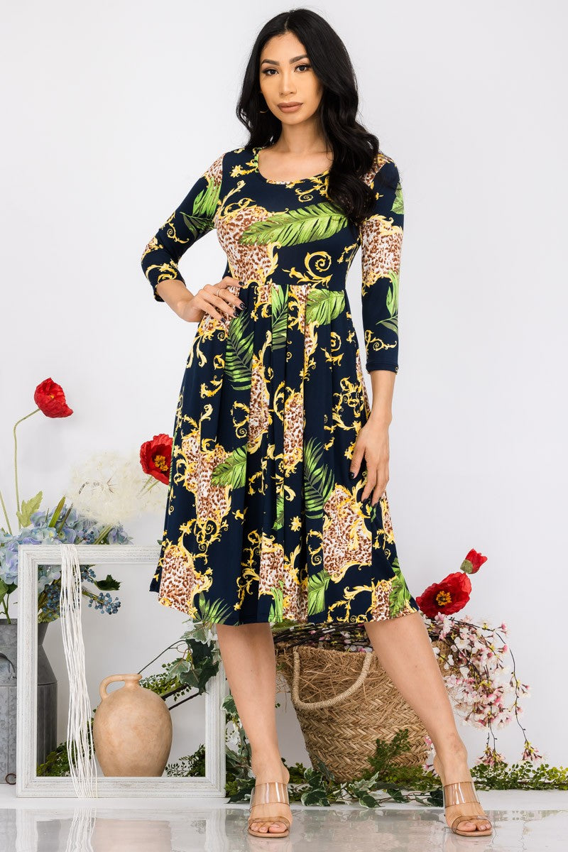 SAN130R-LPLM - LEOPARD PALM PLEATED DRESS