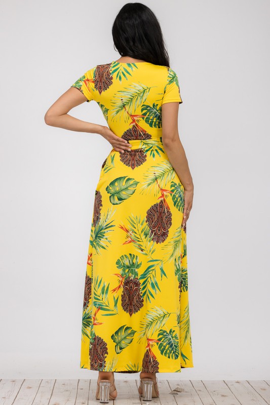 SAN149BR-P3 Tropical Faux Wrap Maxi Dress