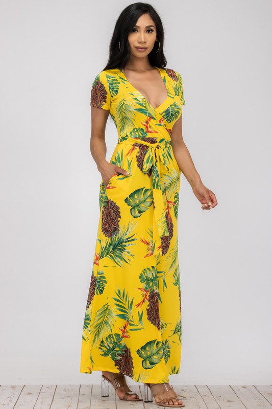 SAN149BR-P3 Tropical Faux Wrap Maxi Dress