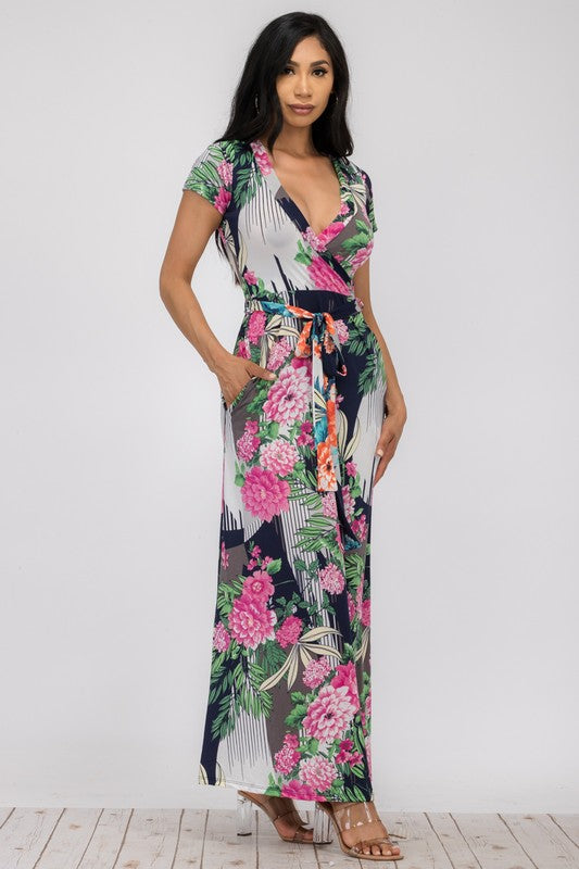 SAN149BR-P3 Tropical Faux Wrap Maxi Dress
