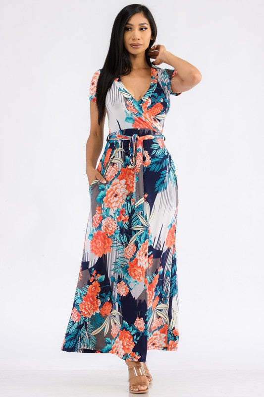 SAN149BR-P3 Tropical Faux Wrap Maxi Dress