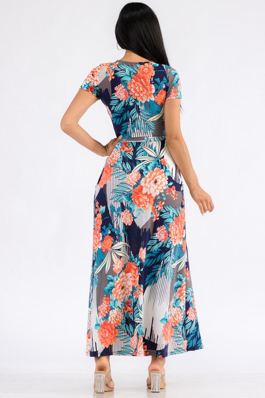 SAN149BR-P3 Tropical Faux Wrap Maxi Dress