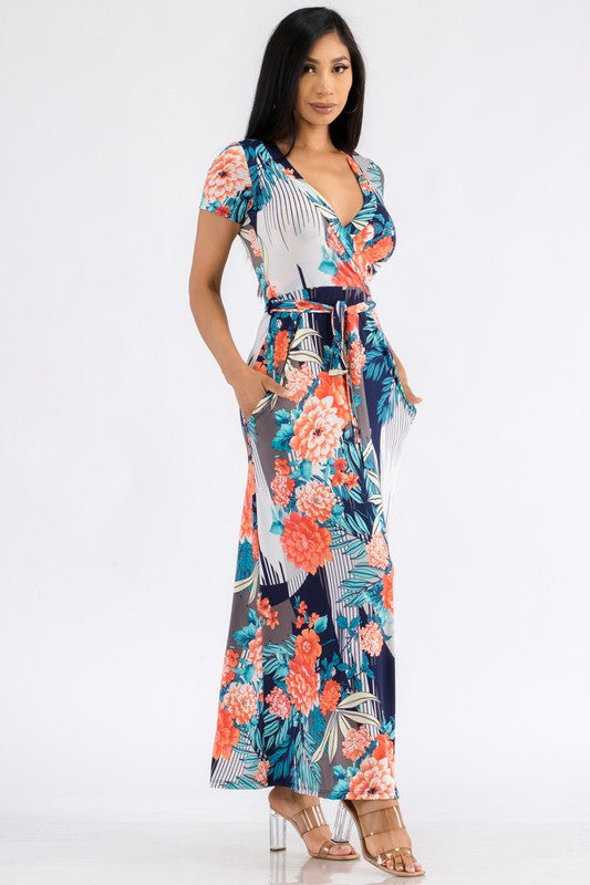 SAN149BR-P3 Tropical Faux Wrap Maxi Dress