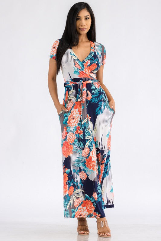 SAN149BR-P3 Tropical Faux Wrap Maxi Dress