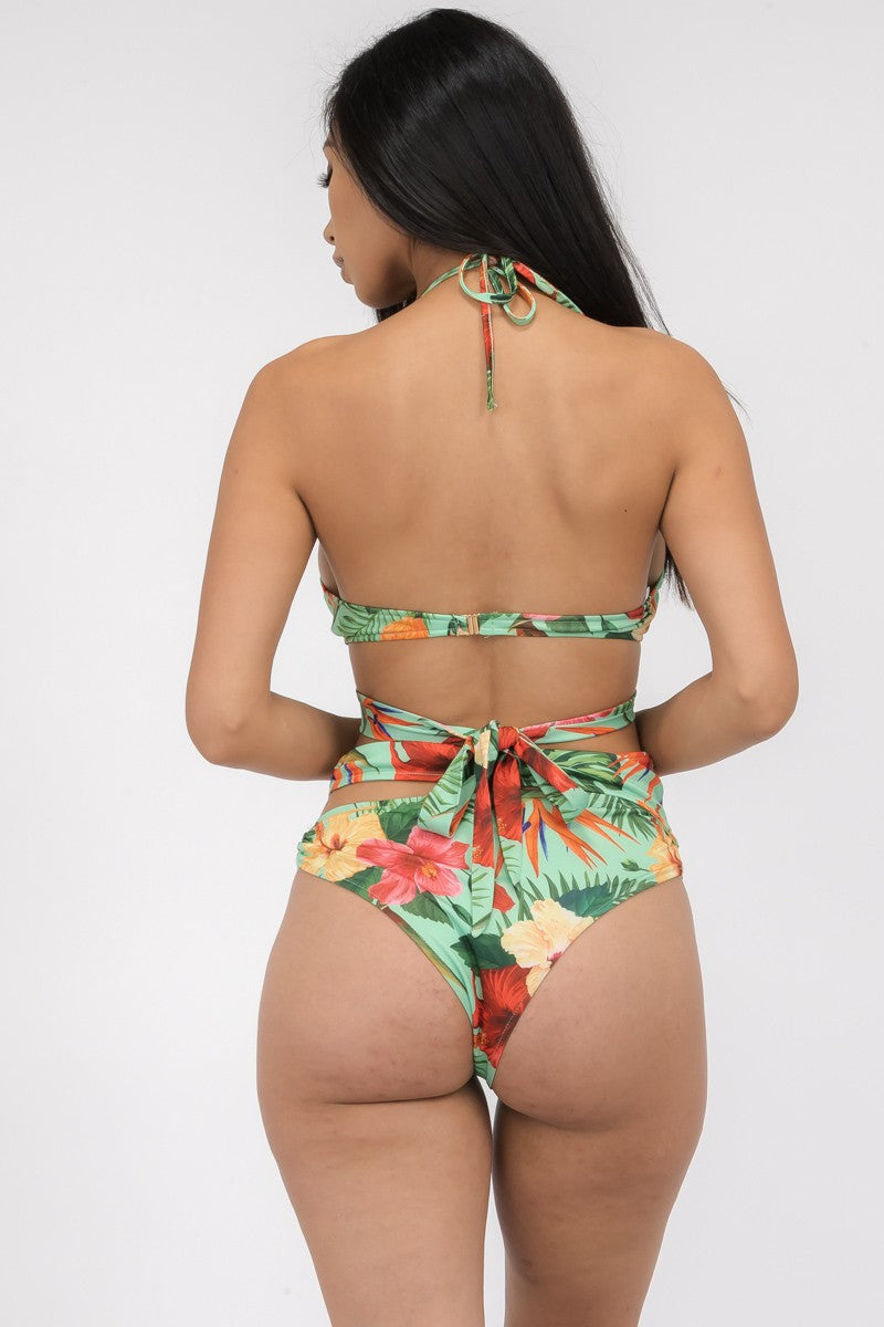 MTP8211-3 - 2 uds. CONJUNTO DE BIKINI HALTER ESTAMPADO FLORAL TROPIAL