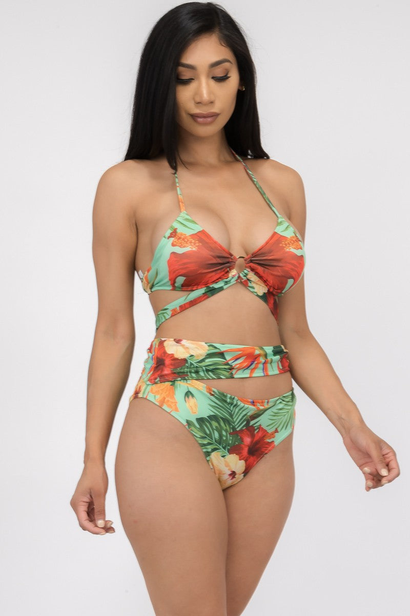 MTP8211-3 - 2 uds. CONJUNTO DE BIKINI HALTER ESTAMPADO FLORAL TROPIAL