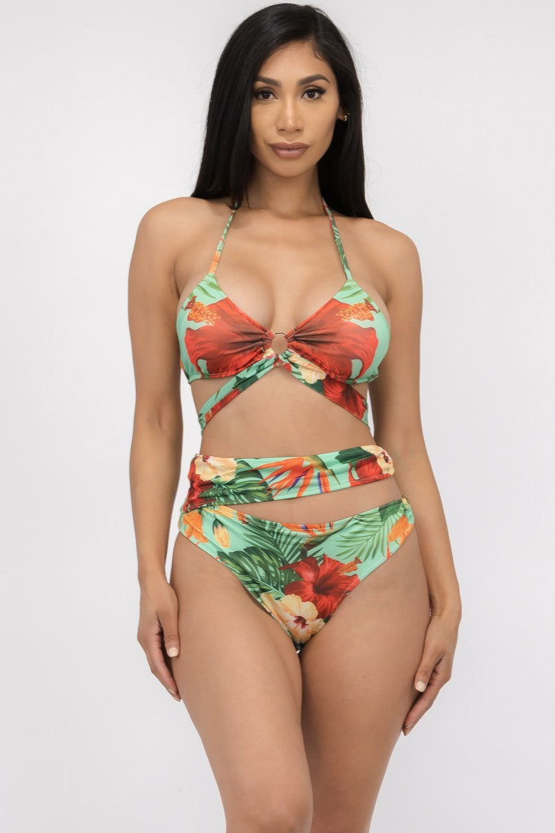 MTP8211-3 - 2 uds. CONJUNTO DE BIKINI HALTER ESTAMPADO FLORAL TROPIAL