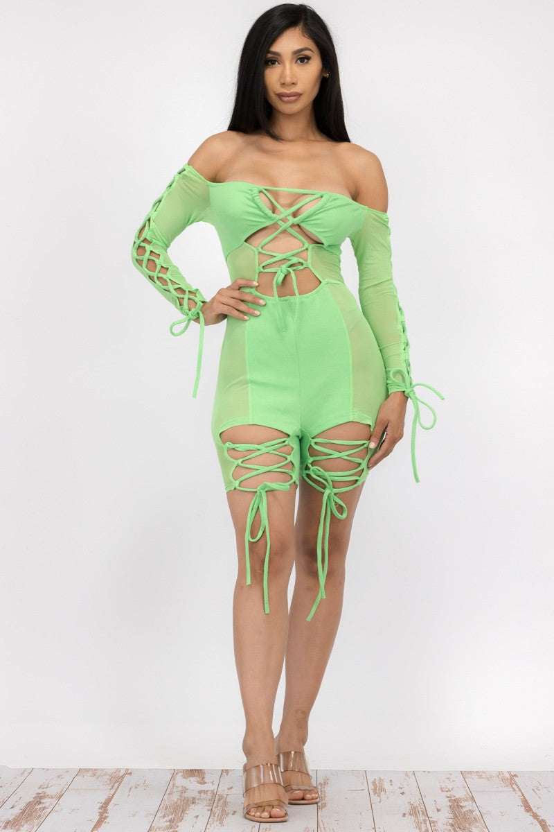MR7977-1 - Off Shoulder Lace-Up Mesh Romper