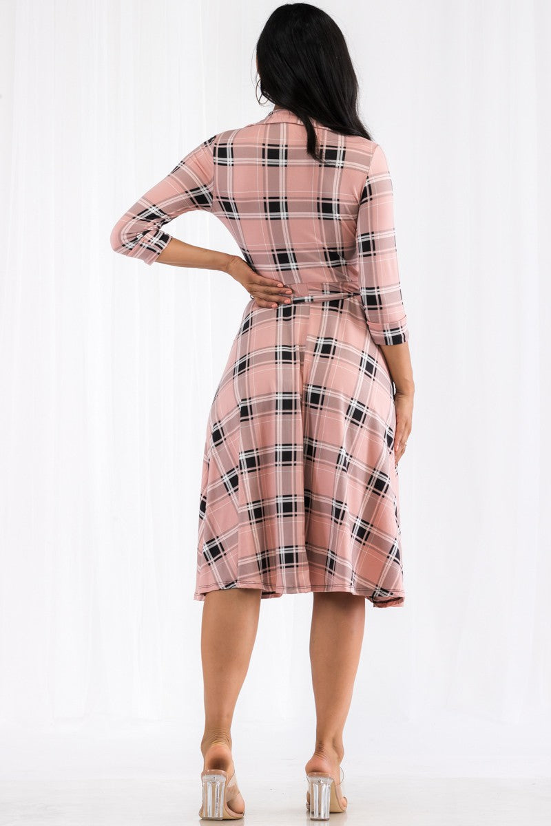 HH649X-PLAID - VESTIDO MIDI CON BOTONES EN EL FRENTE