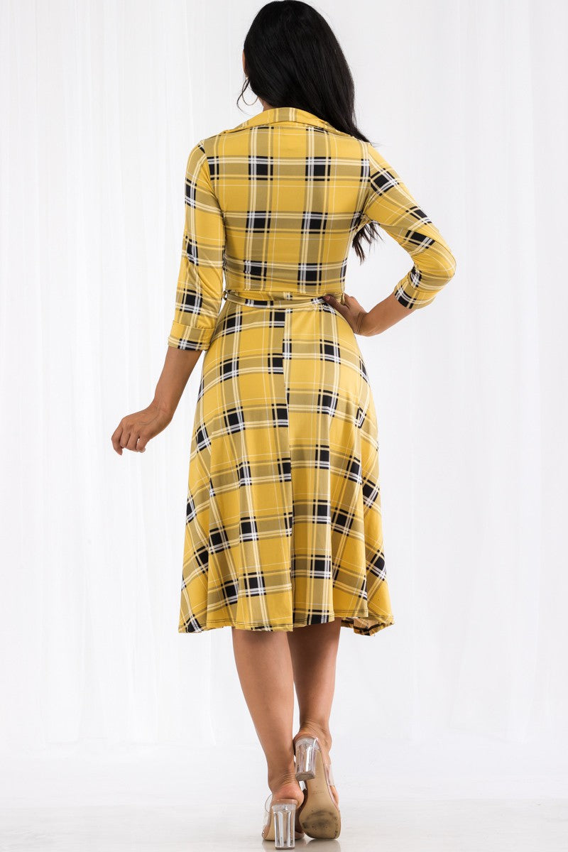 HH649X-PLAID - VESTIDO MIDI CON BOTONES EN EL FRENTE