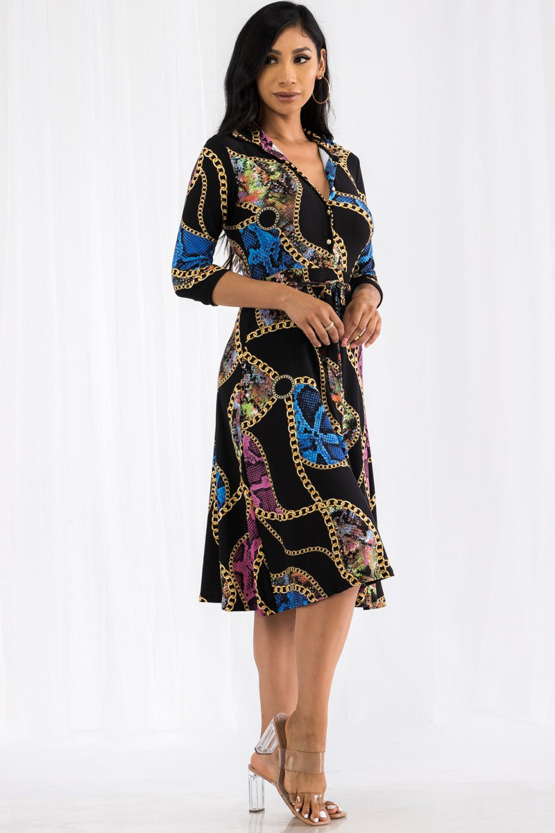 HH649X-CHAIN - MIDI BUTTON FRONT DRESS