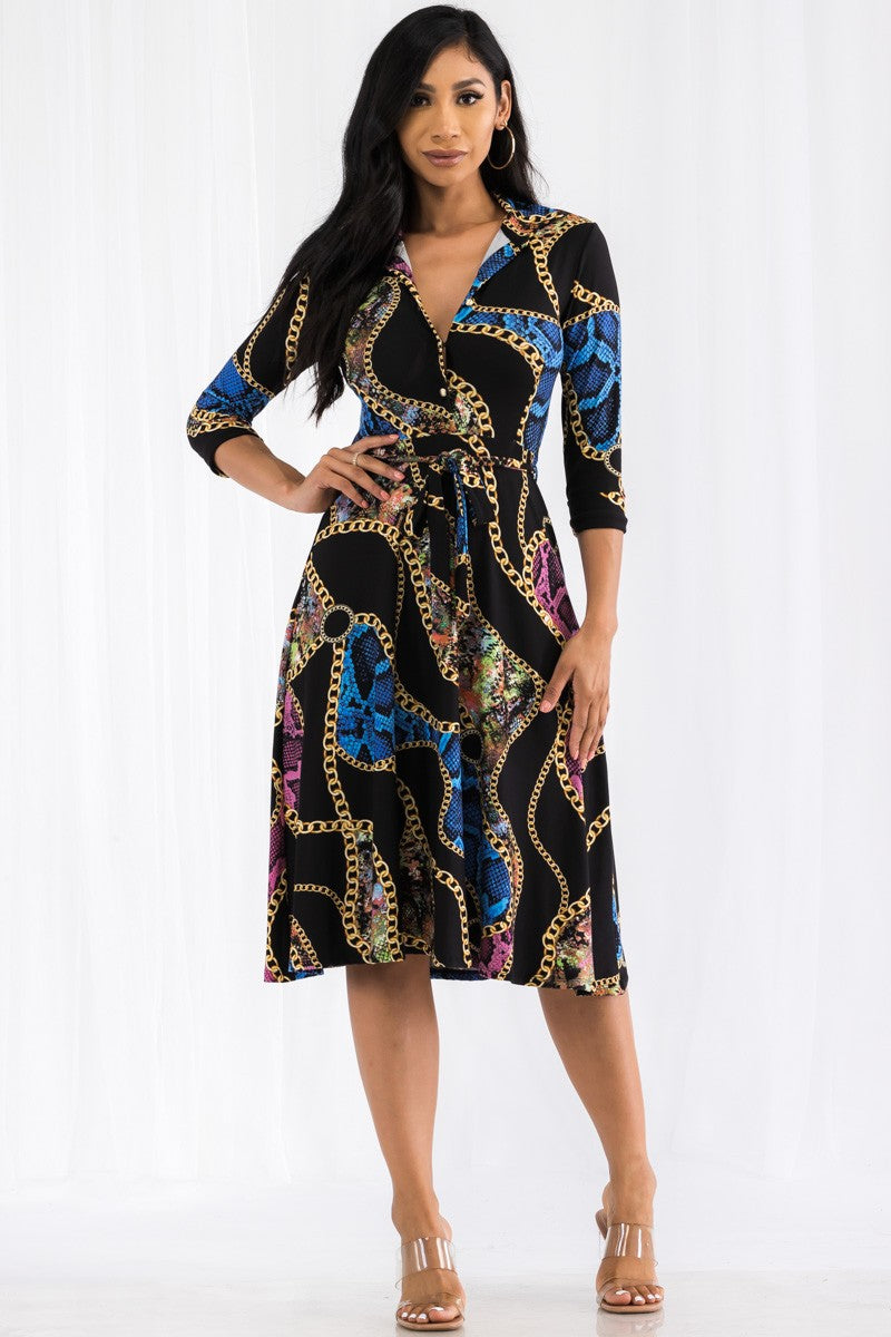 HH649X-CHAIN - MIDI BUTTON FRONT DRESS