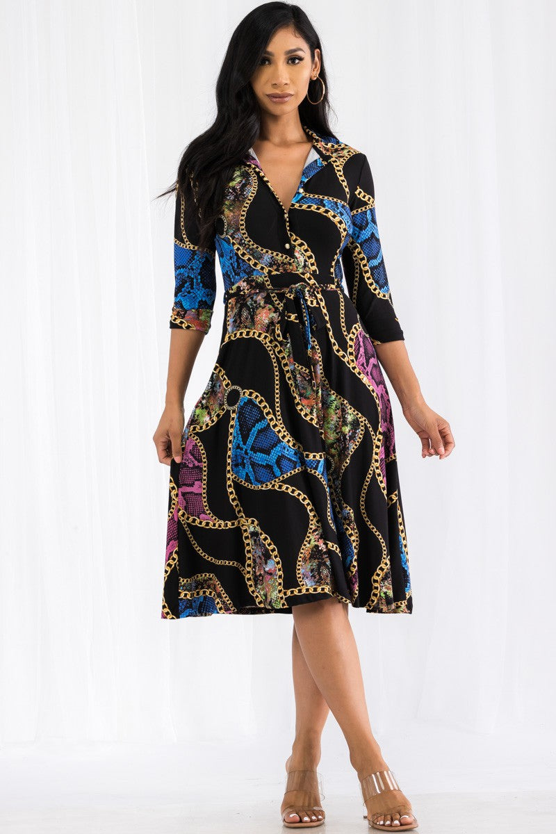 HH649X-CHAIN - MIDI BUTTON FRONT DRESS