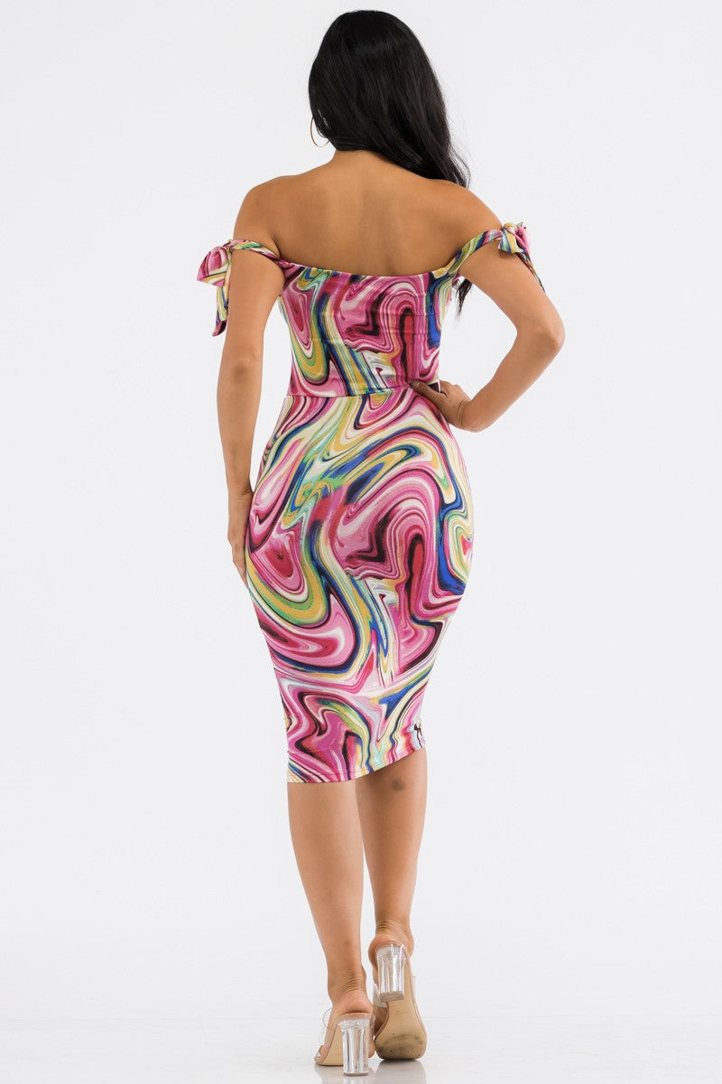HH705R-SWIRL - VESTIDO LAZADO CON HOMBRO DESCUENTO