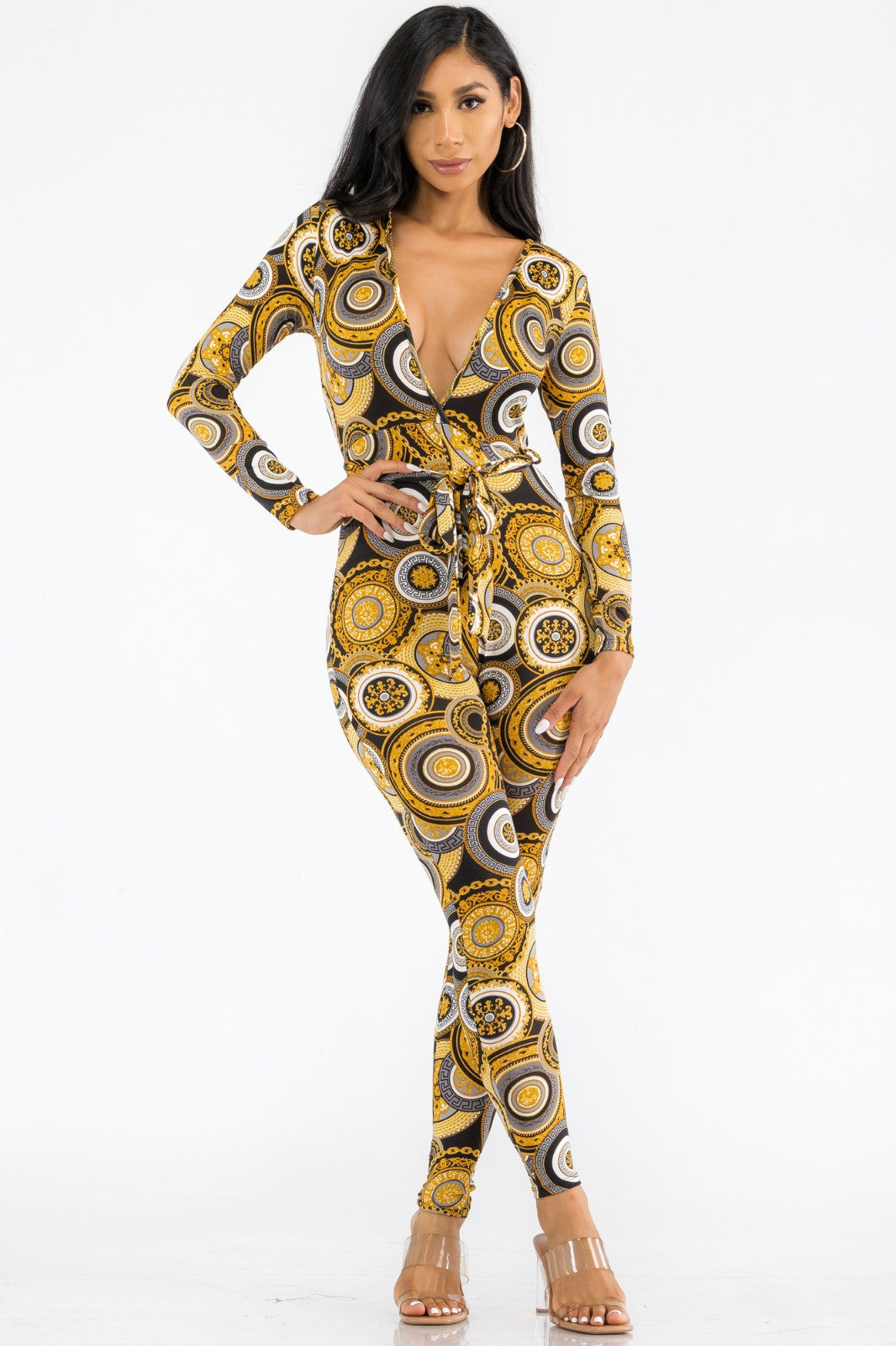 HH626X-GEO1 - Plus Size Geometric Print Tie-Waist Jumpsuit