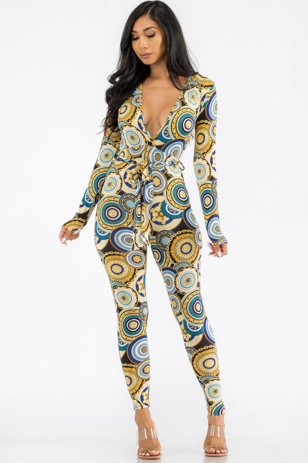 HH626R-GEO - LONG SLEEVE BODYCON JUMPSUIT