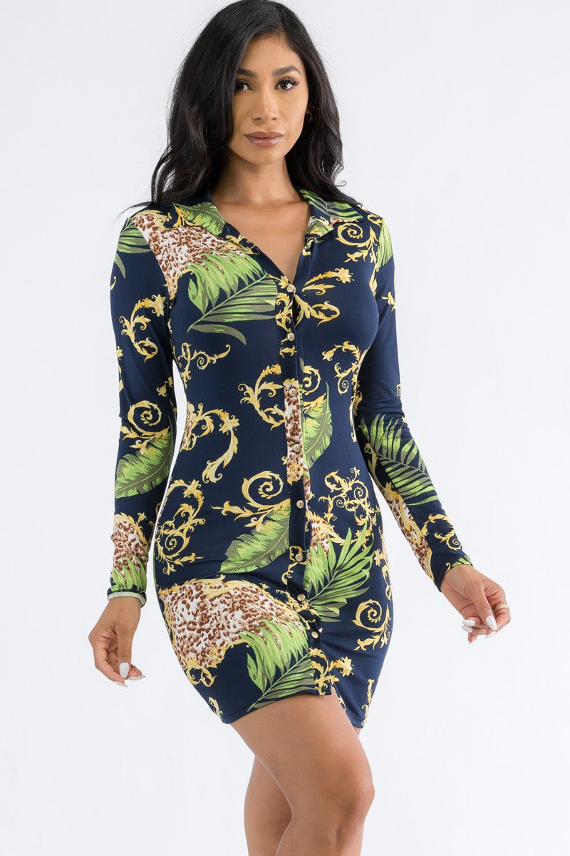 HH664X-PALM - BUTTON DOWN MINI DRESS