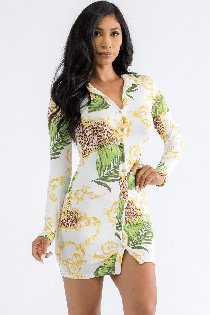 HH664X-PALM - BUTTON DOWN MINI DRESS