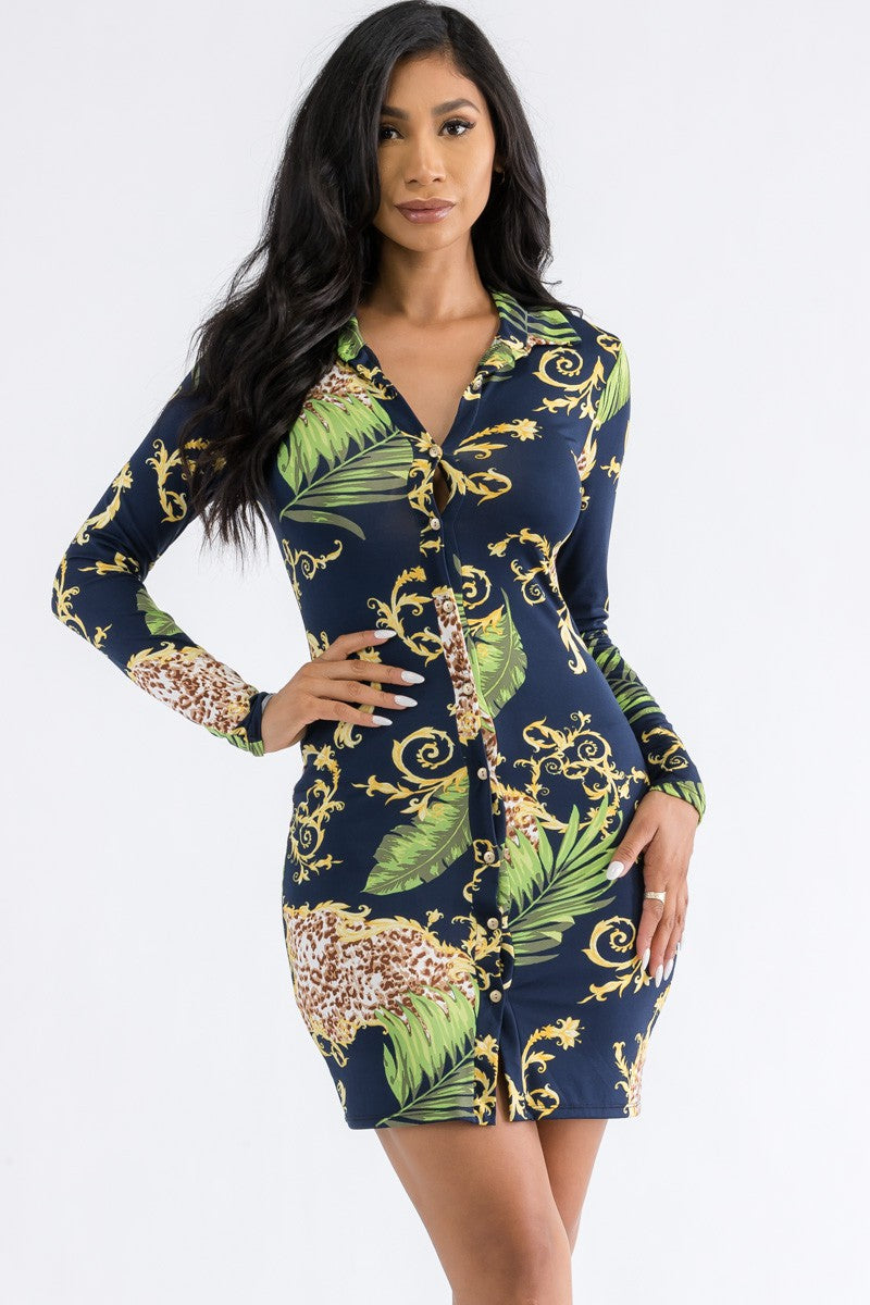 HH664X-PALM - BUTTON DOWN MINI DRESS