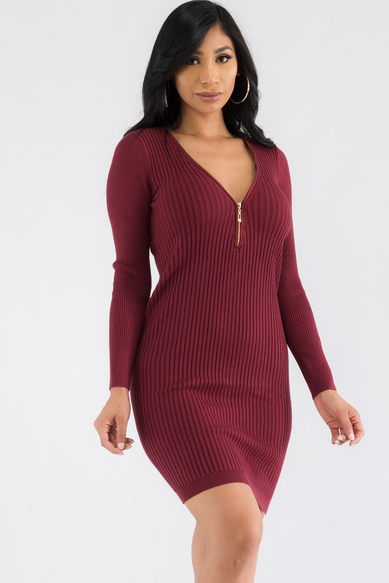 CH126R-LS - LONG SLEEVE RIBBED MINI DRESS