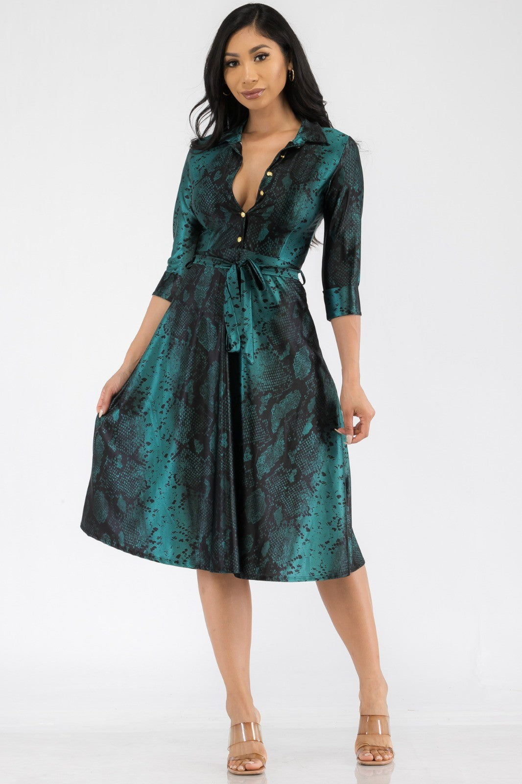 HH649R-SNAKE - MIDI BUTTON FRONT DRESS