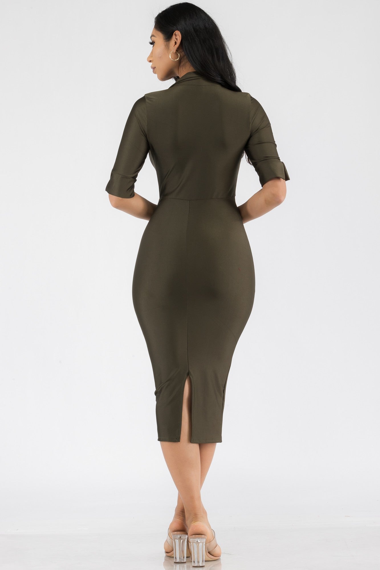 HH714X-SL - VESTIDO MIDI CON CUELLO DE SATÉN
