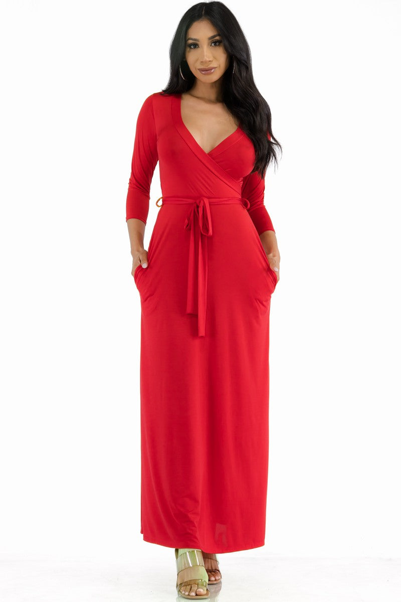 SAN149R-SOL - Surplice Neckline Maxi Dress