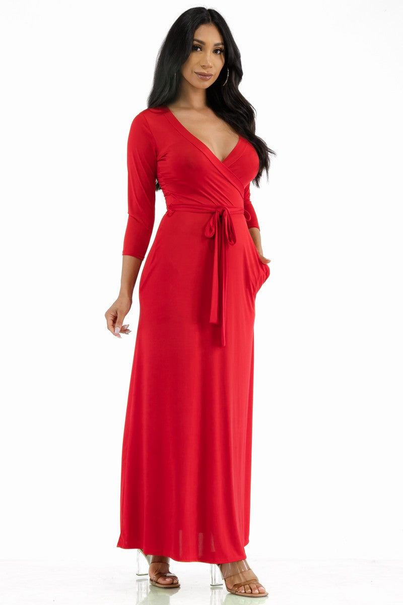 SAN149R-SOL - Surplice Neckline Maxi Dress