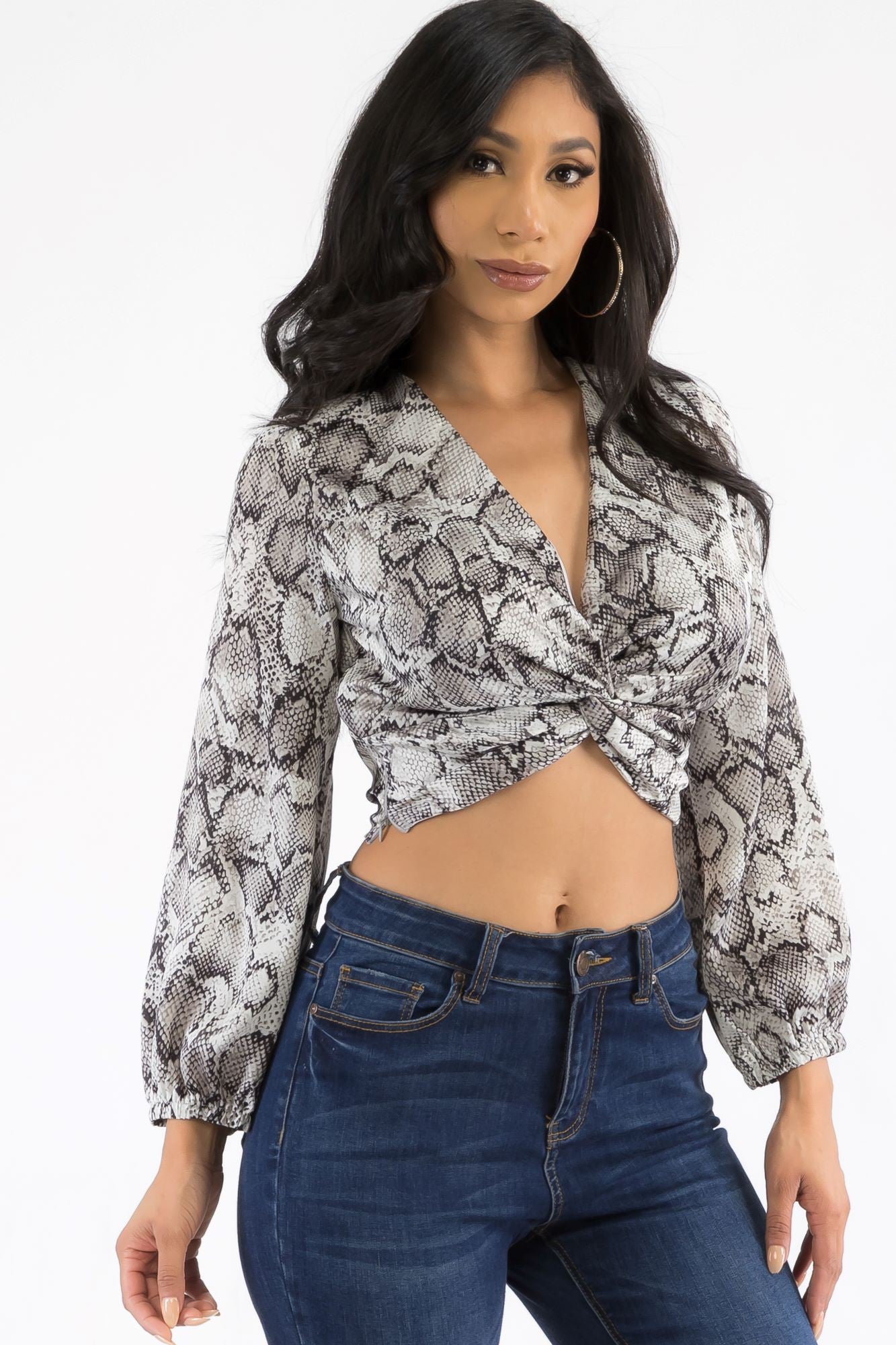 LST0006 - SATIN SNAKE PRINT LONG SLEEVE TWISTED FRONT
