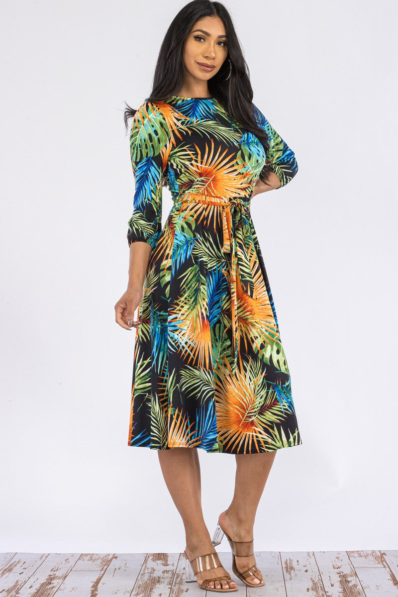 HH583R-PALM - SELF TIE MIDI DRESS