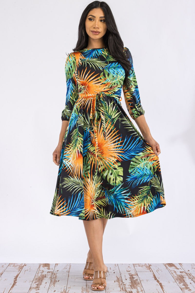 HH583R-PALM - SELF TIE MIDI DRESS