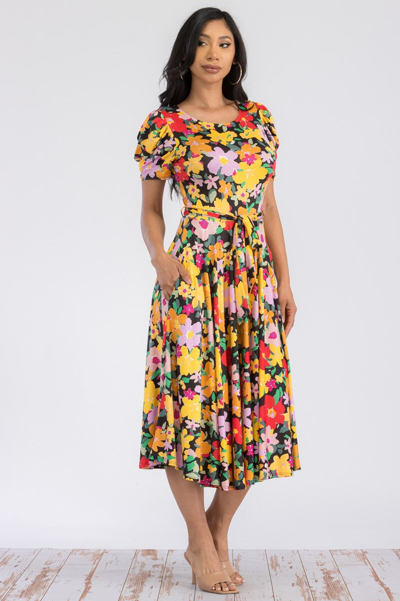 HH698R-FLORAL - PUFF SLEEVE MIDI COCKTAIL DRESS
