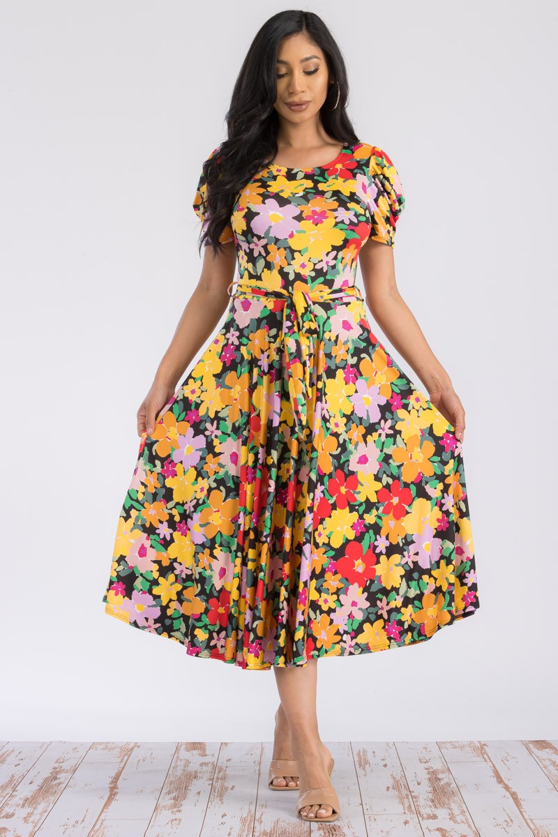 HH698R-FLORAL - PUFF SLEEVE MIDI COCKTAIL DRESS