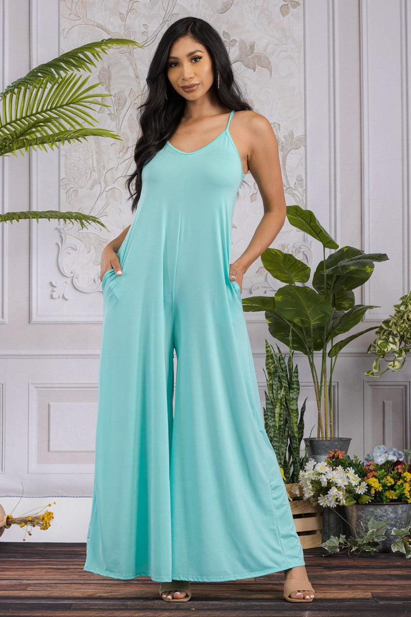 HH697R-SOLID - SPAGHETTI STRAP WIDE LEG JUMPSUIT