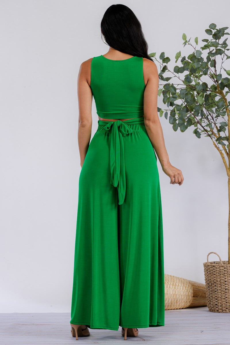 HH688X-S - Plus Size Wrap Tie Crop Top & Wide Leg Pants Set