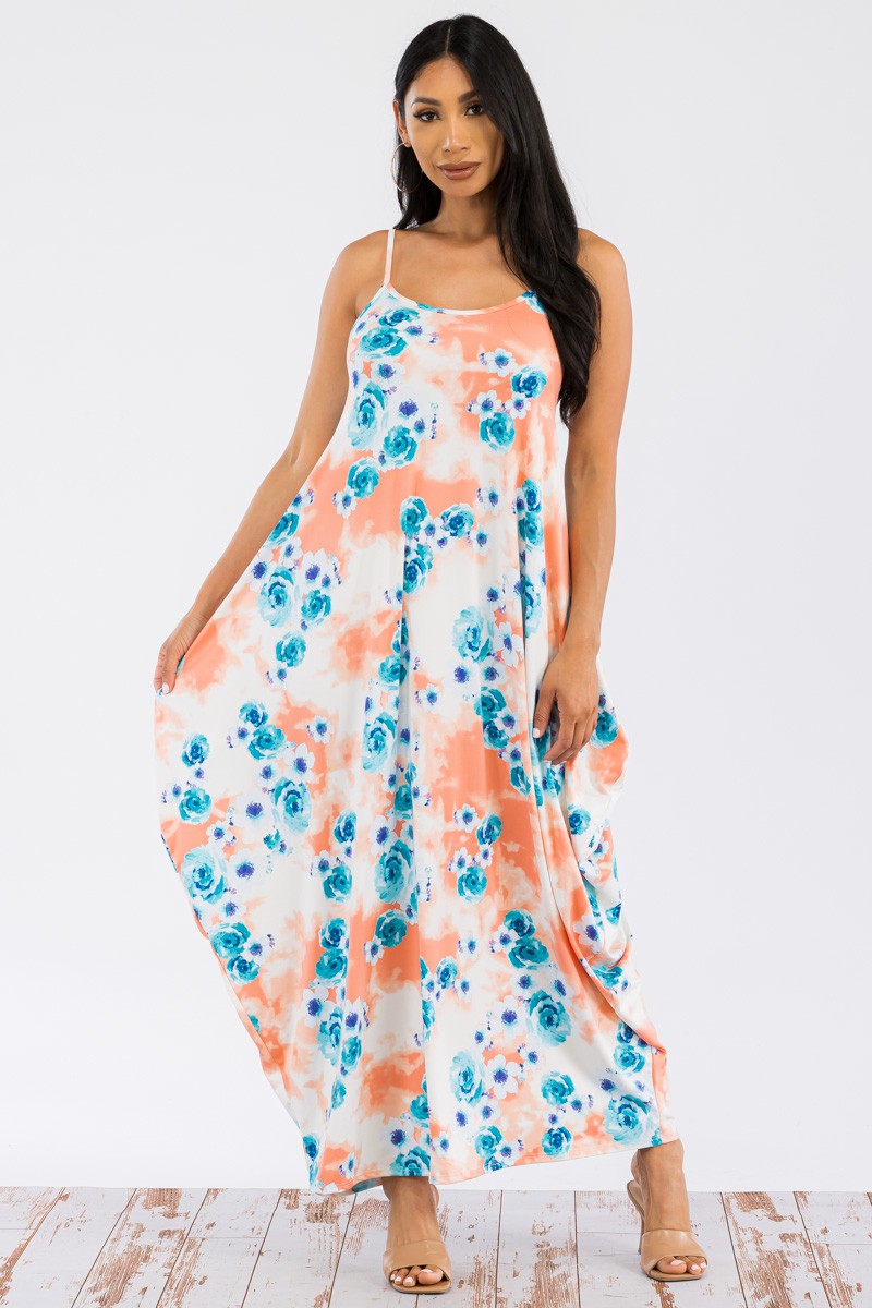 HH645R-FLOWERS - CAMI MAXI DRESS WITH POCKETS