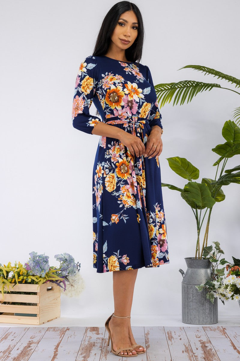 HH583X-FLORAL - VESTIDO MIDI CON LAZOS