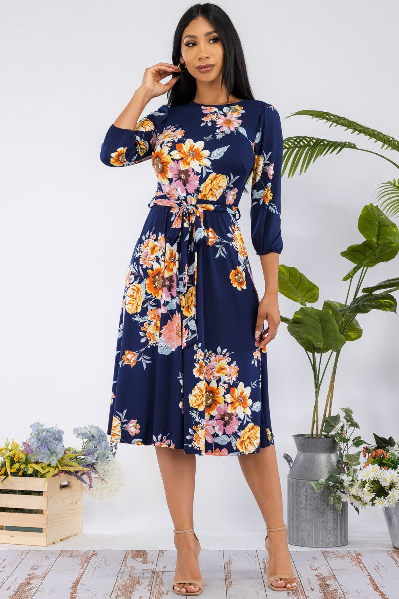 HH583X-FLORAL - VESTIDO MIDI CON LAZOS