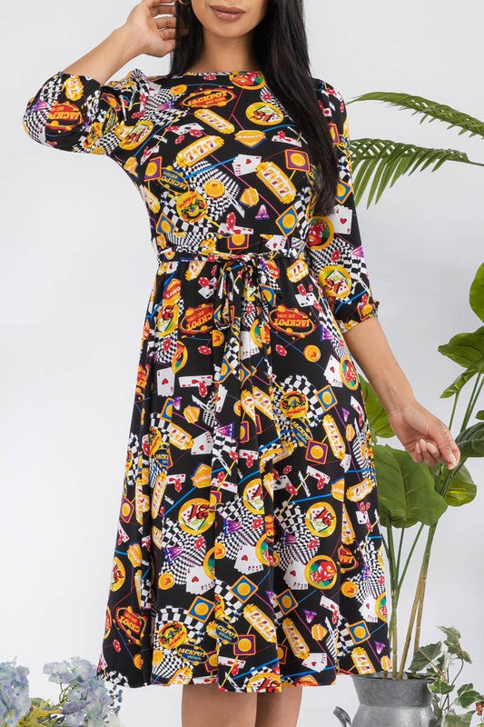 HH583R-P-CH Chain Multi Midi Tie-Up Dress with Midi Sleeves