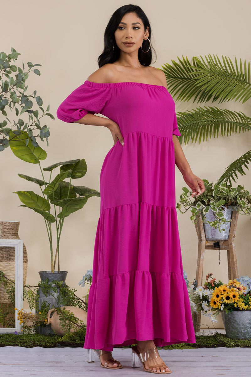 S25659 Off-Shoulder Tiered Maxi Dress